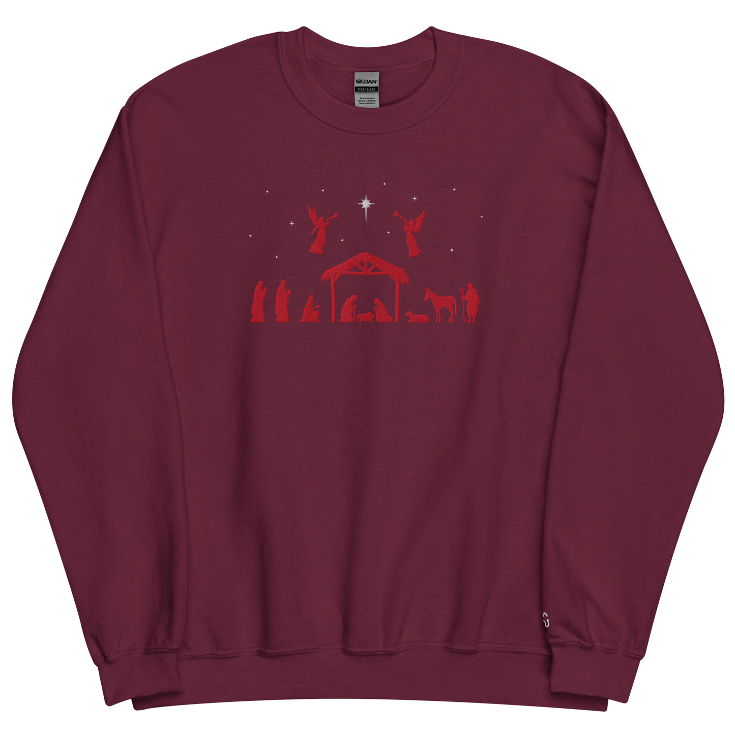 Maroon sweatshirt embroidered design of red nativity scene and white stars
