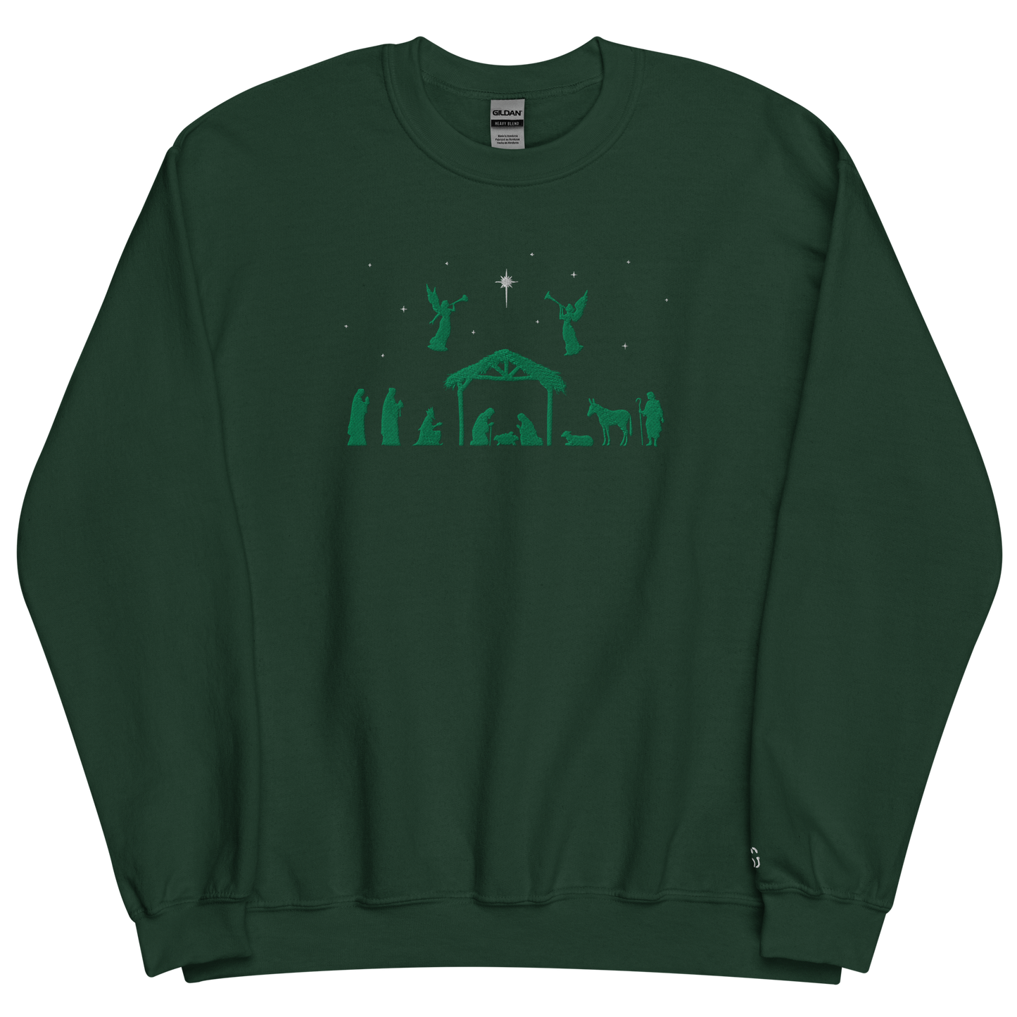 Forest green sweatshirt embroidered design of green nativity scene and white stars