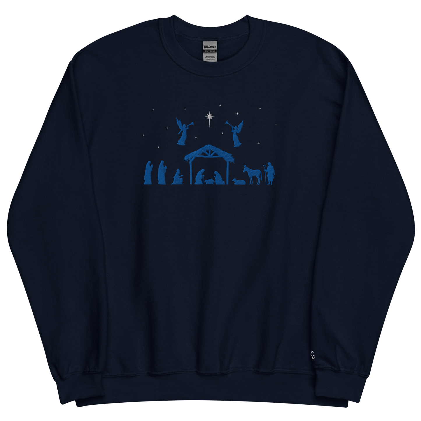 Navy sweatshirt embroidered design of blue nativity scene and white stars