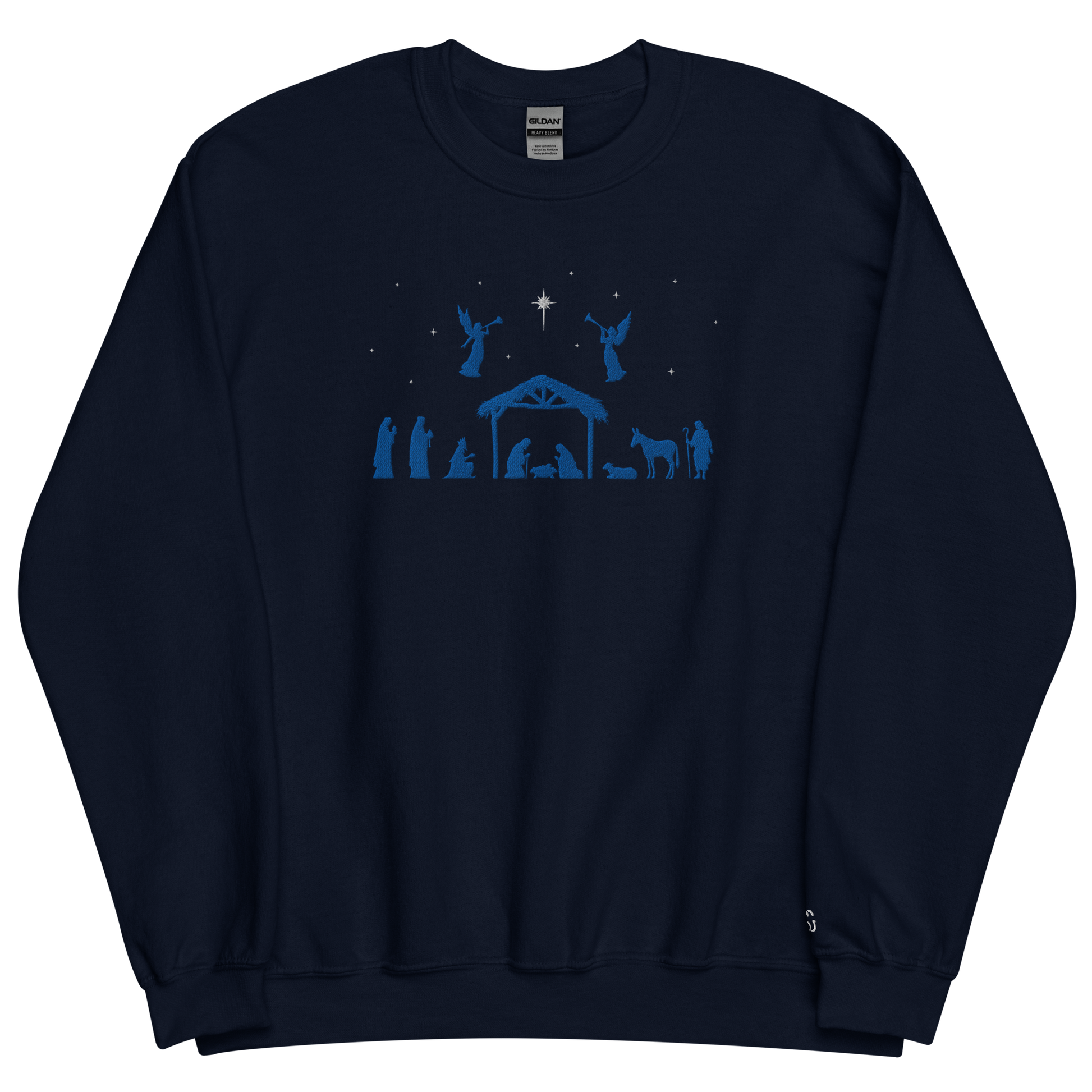 Navy sweatshirt embroidered design of blue nativity scene and white stars